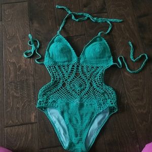 Beauty & the Beach green crochet swimsuit …